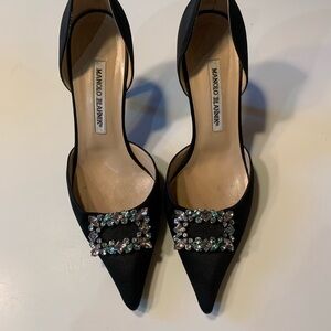 Manolo Blahnik Black Satin Pointed Toe D'Orsay Pumps with Crystal Buckle